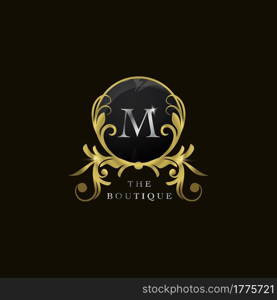 M Letter Golden Circle Shield Luxury Boutique Logo, vector design concept for initial, luxury business, hotel, wedding service, boutique, decoration and more brands.