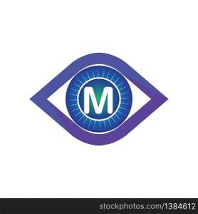 M letter in eye logo or symbol template design