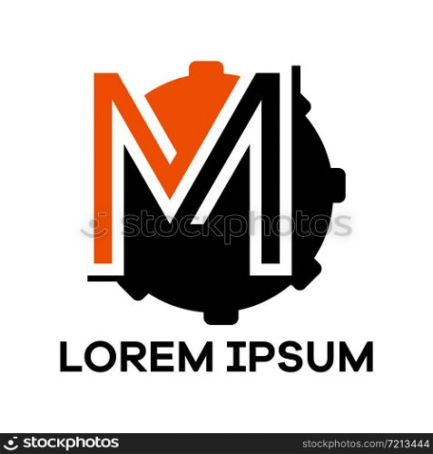 M letter logo design. Letter m in gear shape vector illustration.