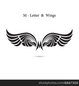 M-letter sign and angel wings.Monogram wing logo mockup.Classic emblem.Elegant dynamic alphabet letters with wings.Creative design element.Corporate branding identity.Flat web design wings icon.Vector illustration.