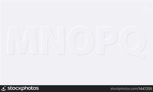 M N O P Q. Vector button letter of alphabet abc. Bright white gradient neumorphic effect character type icon. Internet gray symbol isolated on a background.