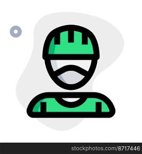 Ma≤cyclist in helmet wearing safety mask.