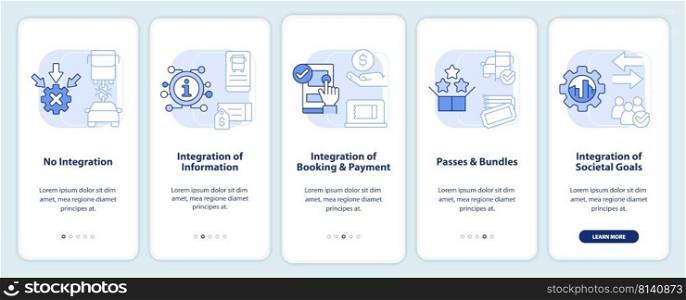 MaaS integration levels light blue onboarding mobile app screen. Walkthrough 5 steps editable graphic instructions with linear concepts. UI, UX, GUI template. Myriad Pro-Bold, Regular fonts used. MaaS integration levels light blue onboarding mobile app screen