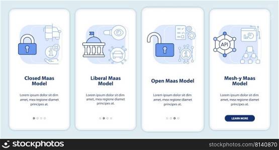 MaaS models light blue onboarding mobile app screen. Digital system walkthrough 4 steps editable graphic instructions with linear concepts. UI, UX, GUI template. Myriad Pro-Bold, Regular fonts used. MaaS models light blue onboarding mobile app screen