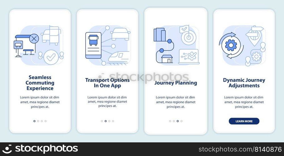 MaaS perks light blue onboarding mobile app screen. Mobility services walkthrough 4 steps editable graphic instructions with linear concepts. UI, UX, GUI template. Myriad Pro-Bold, Regular fonts used. MaaS perks light blue onboarding mobile app screen