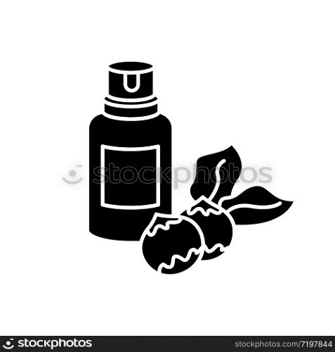 Macadamia oil black glyph icon. Organic vegan essence for haircare. Australian nuts extract. Natural cosmetic product for hair treatment. Silhouette symbol on white space. Vector isolated illustration