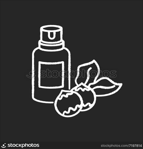 Macadamia oil chalk white icon on black background. Organic vegan essence for haircare. Australian nuts extract. Natural cosmetic product for hair treatment. Isolated vector chalkboard illustration