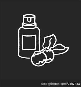 Macadamia oil chalk white icon on black background. Organic vegan essence for haircare. Australian nuts extract. Natural cosmetic product for hair treatment. Isolated vector chalkboard illustration