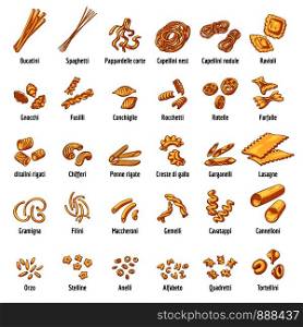 Macaroni icons set. Cartoon set of macaroni vector icons for web design. Macaroni icons set, cartoon style