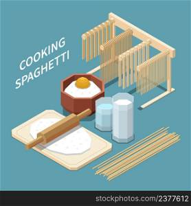 Macaroni pasta production isometric composition with ingredients for making spaghetti drying and prepared pasta vector illustration. Macaroni Pasta Production Isometric Composition