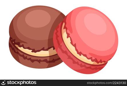 Macarons in cartoon style. Pink and chocolate french almond dessert isolated on white background. Macarons in cartoon style. Pink and chocolate french almond dessert
