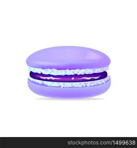 Macaroon, blueberry jam cookie realistic vector illustration. Meringue, tasty creamy dessert, traditional french confectionery. Homemade almond biscuit 3d isolated object on white background. Macaroon, blueberry jam cookie realistic vector illustration