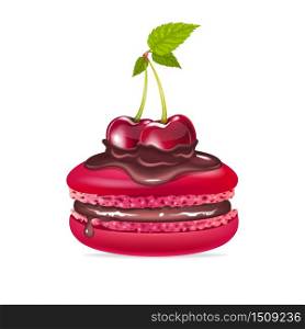 Macaroon, creamy dessert with chocolate and cherries realistic vector illustration. Crimson meringue, tasty biscuit, french confectionery. Homemade sweet pastry 3d isolated object on white background. Macaroon, creamy dessert with chocolate and cherries realistic vector illustration