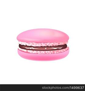 Macaroon, pink almond cookie realistic vector illustration. Meringue, traditional french biscuit, confectionery. Homemade creamy delicious dessert 3d isolated object on white background. Macaroon, pink almond cookie realistic vector illustration