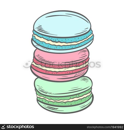 Macaroons of blue, red and green delicate colors, vector illustration. A set of small round cakes, hand engraved, sketch. Traditional sweet pastry, dessert.. Macaroons of blue, red and green delicate colors, vector illustration.