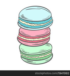 Macaroons of blue, red and green delicate colors, vector illustration. A set of small round cakes, hand engraved, sketch. Traditional sweet pastry, dessert.. Macaroons of blue, red and green delicate colors, vector illustration.