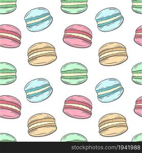Macaroons on white background seamless pattern. Background with traditional French pastries, sweet tender pastries. Template for wallpaper, packaging, fabric and design, vector illustration.. Macaroons on white background seamless pattern.