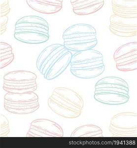 Macaroons seamless pattern, vector illustration. Background with tender traditional French cookies. Cute template with freehand sketches of baking for wallpaper, fabric and packaging.. Macaroons seamless pattern, vector illustration.