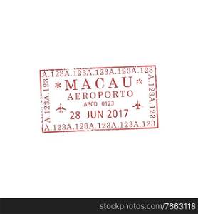 Macau Administrative Region of China airport visa st&isolated. Vector departure or arrival mark in passport. Visa st&of Macau at China, isolated document