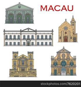Macau architecture and famous Portuguese heritage landmark buildings. Macao Penha Chapel, Saint Lawrence and St Dominic church, Dom Pedro Theater and Leal Senado senate building vector icons. Macau landmark buildings, Portuguese architecture