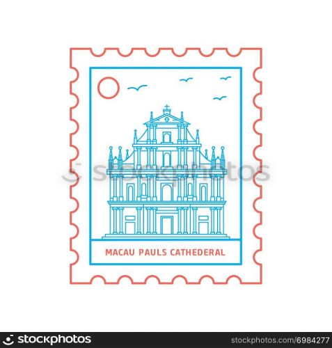 MACAU PAULS CATHEDERAL postage stamp Blue and red Line Style, vector illustration
