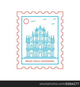 MACAU PAULS CATHEDERAL postage stamp Blue and red Line Style, vector illustration