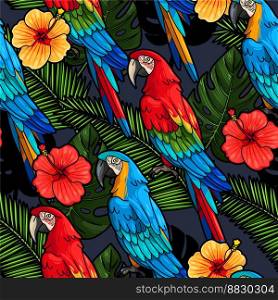 Macaw and hibiscus seamless vector image