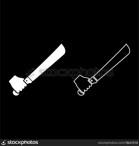 Machete in hand in use Arm Big knife icon white color vector illustration flat style simple image set. Machete in hand in use Arm Big knife icon white color vector illustration flat style image set