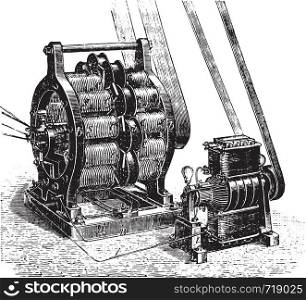 Machine AC and DC currents excitatrice to Siemens, vintage engraved illustration. Industrial encyclopedia E.-O. Lami - 1875.