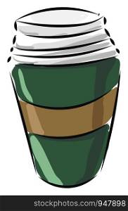 Machine coffee in a green plastic container which is closed , vector, color drawing or illustration.