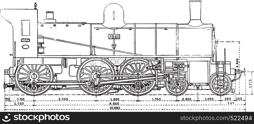 Machine has three axles and the bogie couples, the Western Railway, vintage engraved illustration. Industrial encyclopedia E.-O. Lami - 1875.