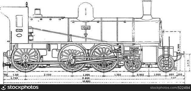 Machine has three axles and the bogie couples, the Western Railway, vintage engraved illustration. Industrial encyclopedia E.-O. Lami - 1875.