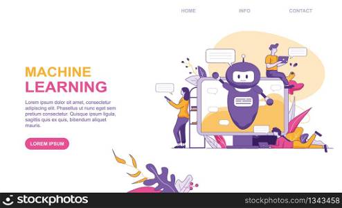 Machine Larning. Vector Flat Illustration Banner Small People Around Computer on Screen Artificial Intelligence Chat Bot Assistant and Social Media Guide Page Site Visitor Support Service.