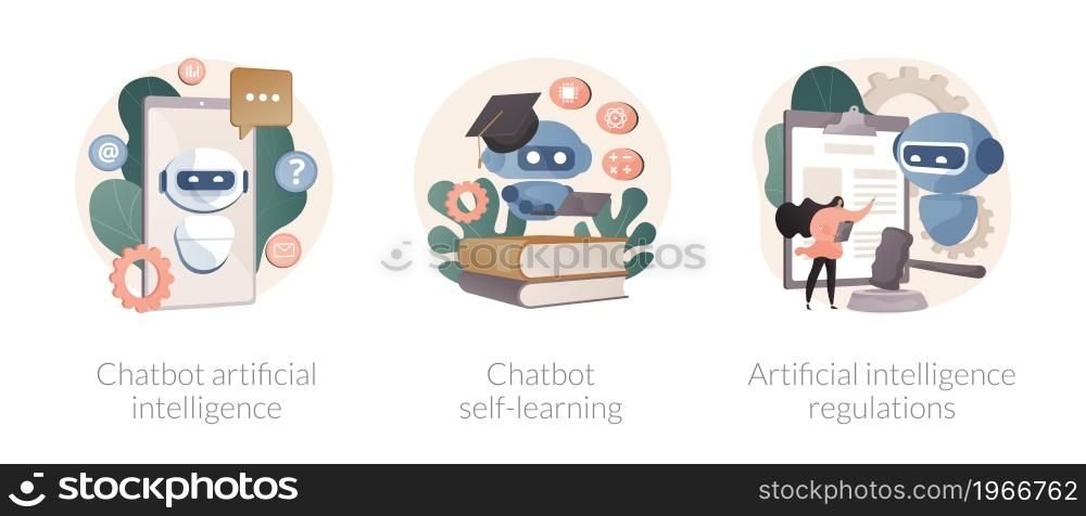 Machine learning abstract concept vector illustration set. Chatbot artificial intelligence, virtual assistant self learning, AI development law regulations, language processing abstract metaphor.. Machine learning abstract concept vector illustrations.