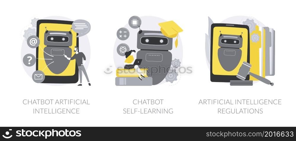 Machine learning abstract concept vector illustration set. Chatbot artificial intelligence, virtual assistant self learning, AI development law regulations, language processing abstract metaphor.. Machine learning abstract concept vector illustrations.
