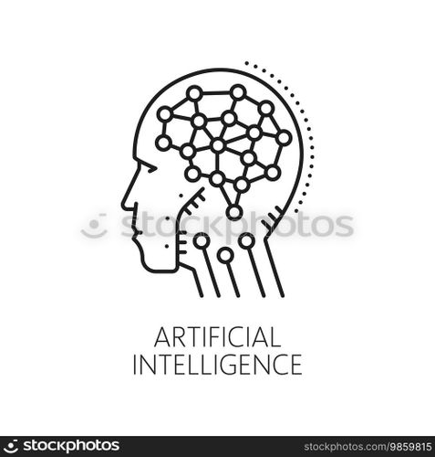 Machine learning, AI artificial intelligence algorithm outline icon. Machine learning, computer science and artificial intelligence technology line vector symbol with brain neurons in android head. Machine learning, AI algorithm outline icon
