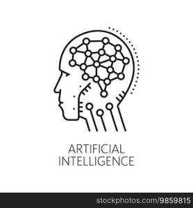Machine learning, AI artificial intelligence algorithm outline icon. Machine learning, computer science and artificial intelligence technology line vector symbol with brain neurons in android head. Machine learning, AI algorithm outline icon