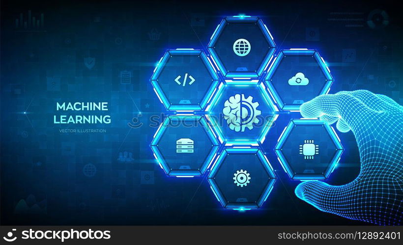 Machine learning. AI Artificial Intelligence. Data mining, Big Data, algorithm, neural network. Wireframe hand places an element into a composition visualizing Machine learning. Vector illustration. Machine learning. AI Artificial Intelligence. Data mining, Big Data, algorithm, neural network. Wireframe hand places an element into a composition visualizing Machine learning. Vector illustration.