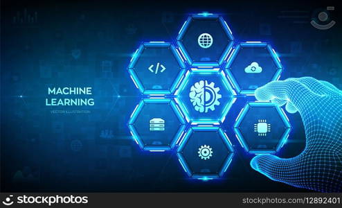 Machine learning. AI Artificial Intelligence. Data mining, Big Data, algorithm, neural network. Wireframe hand places an element into a composition visualizing Machine learning. Vector illustration. Machine learning. AI Artificial Intelligence. Data mining, Big Data, algorithm, neural network. Wireframe hand places an element into a composition visualizing Machine learning. Vector illustration.