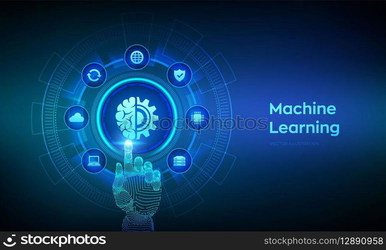 Machine learning. AI Artificial Intelligence. Deep learning. Data mining, Big Data, algorithm, neural network concept on virtual screen. Wireframe hand touching digital interface. Vector illustration. Machine learning. AI Artificial Intelligence. Deep learning. Data mining, Big Data, algorithm, neural network concept on virtual screen. Wireframe hand touching digital interface. Vector illustration.