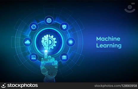 Machine learning. AI Artificial Intelligence. Deep learning. Data mining, Big Data, algorithm, neural network concept on virtual screen. Wireframe hand touching digital interface. Vector illustration. Machine learning. AI Artificial Intelligence. Deep learning. Data mining, Big Data, algorithm, neural network concept on virtual screen. Wireframe hand touching digital interface. Vector illustration.