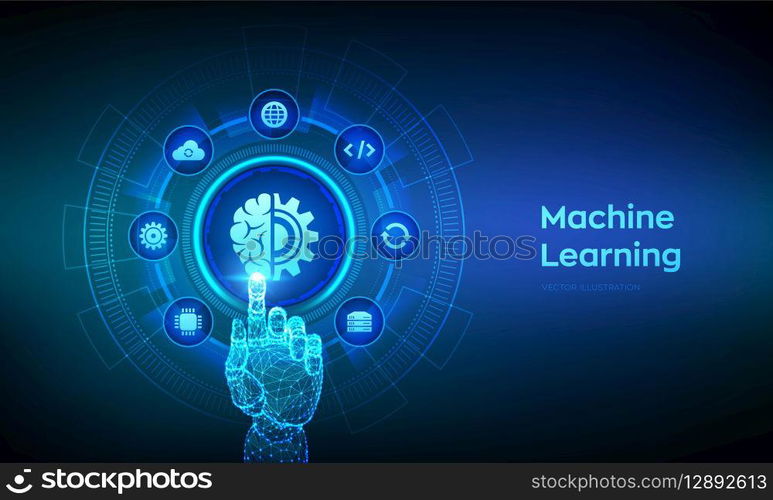 Machine learning. AI Artificial Intelligence. Deep learning. Data mining, Big Data, algorithm, neural network concept on virtual screen. Wireframe hand touching digital interface. Vector illustration. Machine learning. AI Artificial Intelligence. Deep learning. Data mining, Big Data, algorithm, neural network concept on virtual screen. Wireframe hand touching digital interface. Vector illustration.