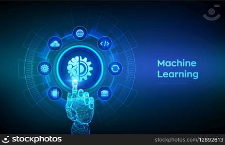 Machine learning. AI Artificial Intelligence. Deep learning. Data mining, Big Data, algorithm, neural network concept on virtual screen. Wireframe hand touching digital interface. Vector illustration. Machine learning. AI Artificial Intelligence. Deep learning. Data mining, Big Data, algorithm, neural network concept on virtual screen. Wireframe hand touching digital interface. Vector illustration.