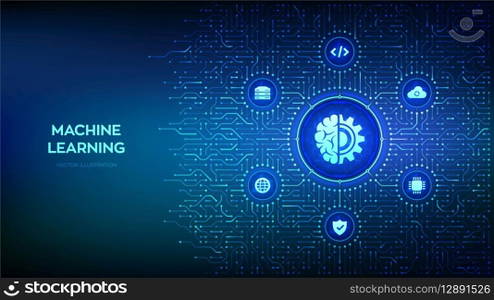 Machine learning. AI Artificial Intelligence. Deep learning. Data mining, Big Data, algorithm, neural network. Background with circuit board connections and tech icons. Vector Illustration. Machine learning. AI Artificial Intelligence. Deep learning. Data mining, Big Data, algorithm, neural network. Background with circuit board connections and tech icons. Vector Illustration.