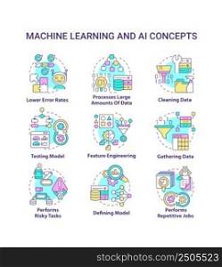 Machine learning and AI concept icons set. Artificial intelligence advantages idea thin line color illustrations. Isolated symbols. Editable stroke. Roboto-Medium, Myriad Pro-Bold fonts used. Machine learning and AI concept icons set