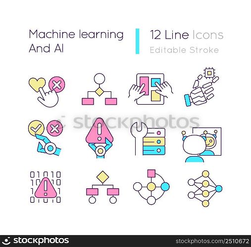 Machine learning and AI RGB color icons set. Artificial intelligence. Data collection and processing. Isolated vector illustrations. Simple filled line drawings collection. Editable stroke. Machine learning and AI RGB color icons set
