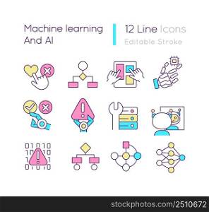 Machine learning and AI RGB color icons set. Artificial intelligence. Data collection and processing. Isolated vector illustrations. Simple filled line drawings collection. Editable stroke. Machine learning and AI RGB color icons set