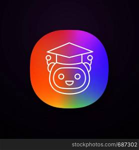 Machine learning app icon. Artificial intelligence. UI/UX user interface. Teacher bot. Graduated robot. Chatbot. Bot in graduation hat. Web or mobile application. Vector isolated illustration. Machine learning app icon