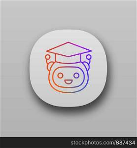 Machine learning app icon. Artificial intelligence. UI/UX user interface. Web or mobile application. Teacher bot. Graduated robot. Chatbot. Bot in graduation hat. Vector isolated illustration. Machine learning app icon