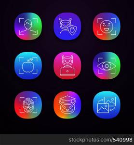 Machine learning app icons set. Artificial intelligence. Chatbot, face, retina, fingerprint identification. UI/UX user interface. Web or mobile applications. Vector isolated illustrations. Machine learning app icons set